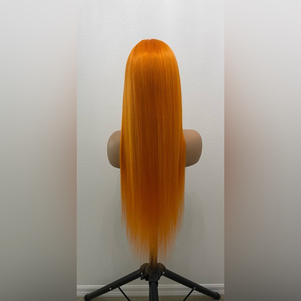 24” Orange Straight Human Hair, Transparent Lace Front Wig